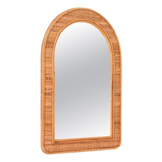 Mid-Century Italian Arch Mirror in Bamboo and Woven Wicker, 1970s For Sale