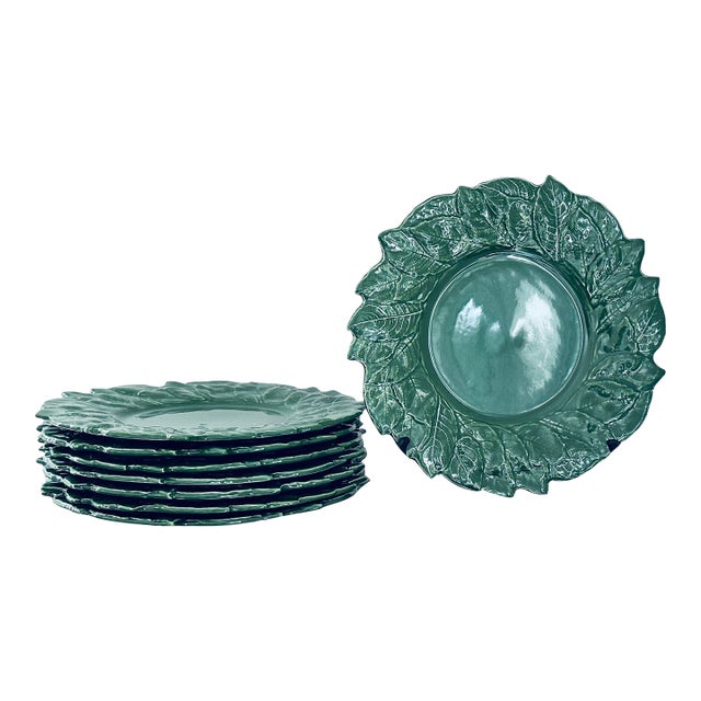 Set of 8 Italian Majolica Foglia Leaf 13” Plates/Chargers For Sale