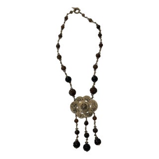 Vintage Stephen Dweck Bronze Floral Medallion Tassel Necklace For Sale