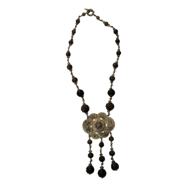 Vintage Stephen Dweck Bronze Floral Medallion Tassel Necklace For Sale