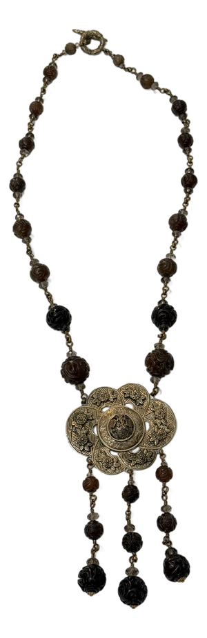 Vintage Stephen Dweck Bronze Floral Medallion Tassel Necklace