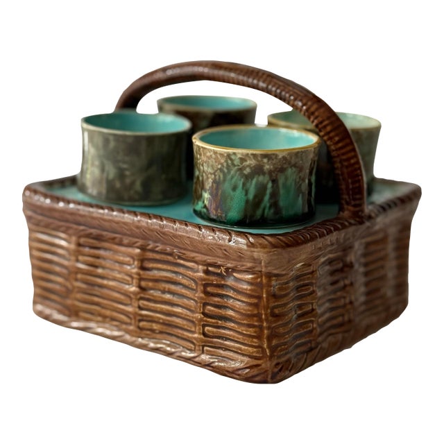 19th Century English Majolica Egg Cup Basket Set- 5 Pieces For Sale