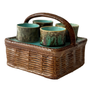 19th Century English Majolica Egg Cup Basket Set- 5 Pieces