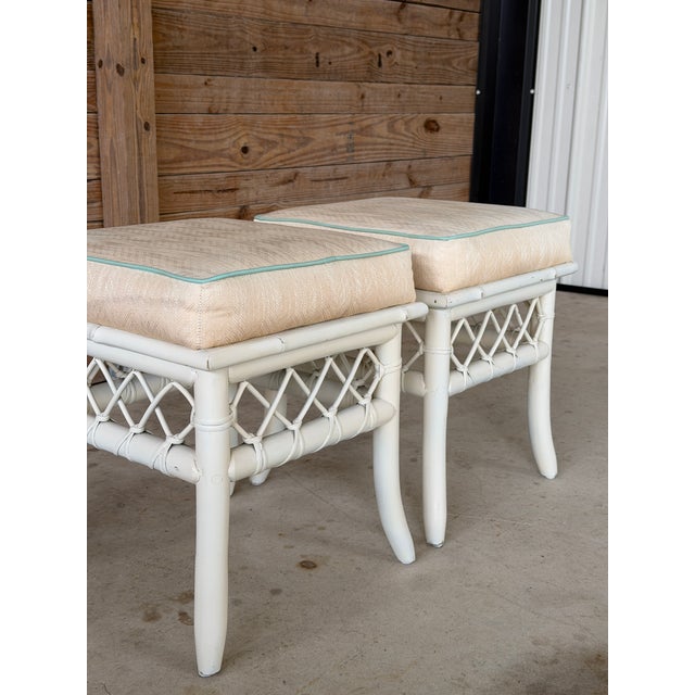 Vintage Coastal Rattan Ottomans or Footstools With Lattice Detail – Pair For Sale - Image 9 of 12