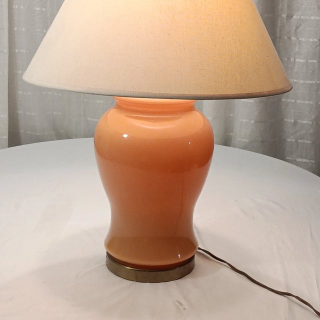 Vintage & Elegant Coral Colored Glass Ginger Jar Table Lamp With a Brass Base For Sale - Image 10 of 13