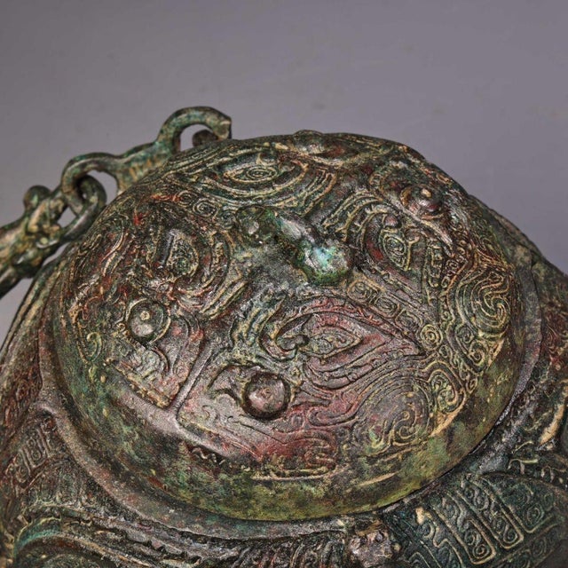 Late 19th Century Bronze Ritual Vessel With Handle and Lid For Sale - Image 9 of 10