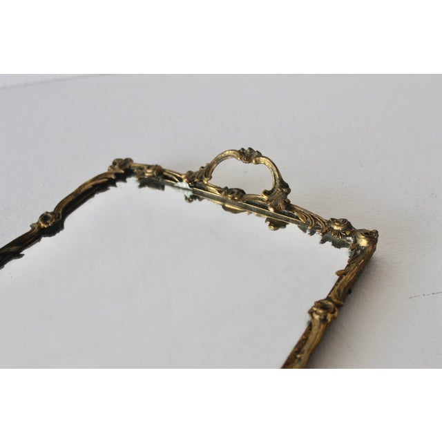 Brass Vintage Mid-Century Rectangle German Style Floral Design Brass Frame Mirror Vanity Tray For Sale - Image 8 of 15