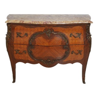 Vintage French Louis XV Style Marble Top Marquetry Commode For Sale