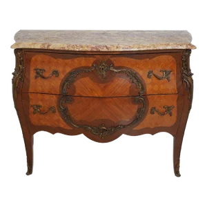 Vintage French Louis XV Style Marble Top Marquetry Commode