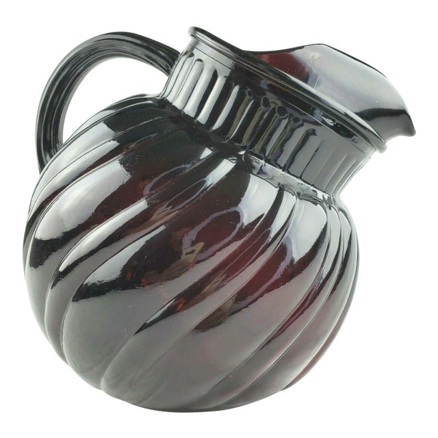 Mid-Century Anchor Hocking Royal Ruby Swirl Tilted Ball Pitcher For Sale