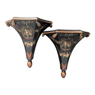 Pair of Ardley Hall Black & Gold Wall Bracket Shelves Sconces With Gold Tassels For Sale