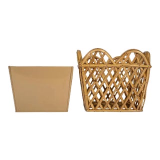 Rattan Lattice Scalloped 8" Square Planter, Natural For Sale