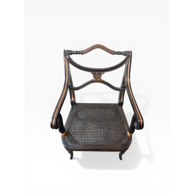 Late 20th Century Neoclassical Regency Style Ebonized & Gilt Cane Seat Dining Chairs, Set of 4 (1 Arm, 3 Side) For Sale - Image 4 of 12