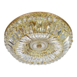 1960's Austrian Regency Gold Plate Framed Cut Lead Crystal Ceiling Flush Mount/ Plafonnier Lighting Fixture by Palme & Walter For Sale
