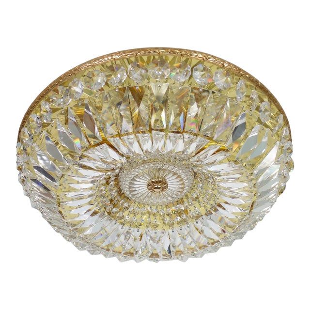 1960's Austrian Regency Gold Plate Framed Cut Lead Crystal Ceiling Flush Mount/ Plafonnier Lighting Fixture by Palme & Walter For Sale