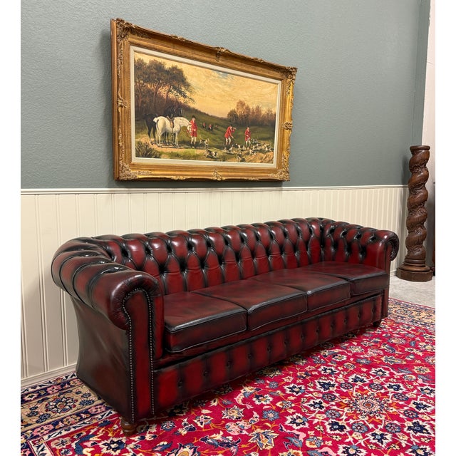 English Vintage English Chesterfield Leather Tufted Sofa Oxblood Red Mid Century For Sale - Image 3 of 18