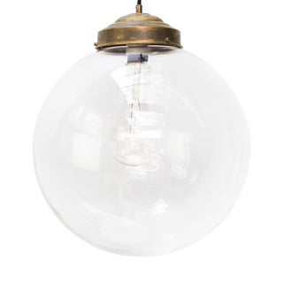 Large Vintage Clear Glass and Brass Globe Pendant Light For Sale