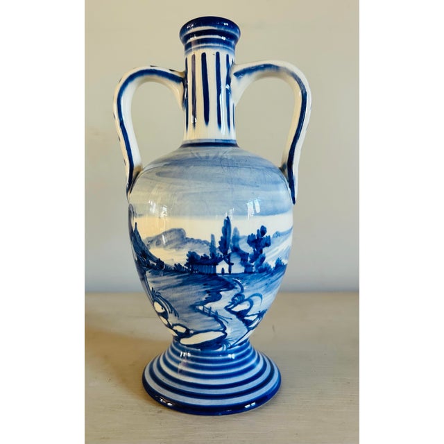 Vintage Mid Century Marmaca Blue & White Hand Painted Pottery Vase For Sale In Philadelphia - Image 6 of 8