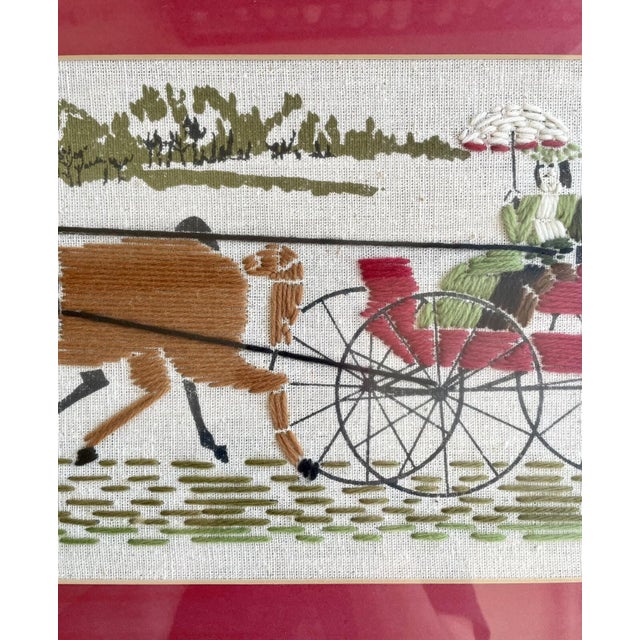 White Pair of 1960s Framed Handmade Crewel Embroidery, Horses With Sleigh & Carriage For Sale - Image 8 of 18