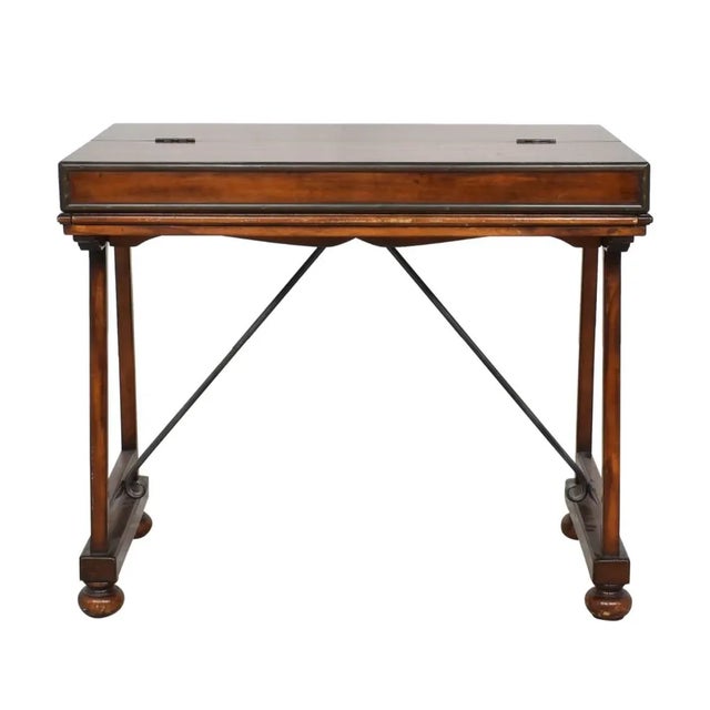 Theodore Alexander flip top campaign style reception or writing desk, 41” wide, 34” tall, 24” deep. Beautiful rich wood...