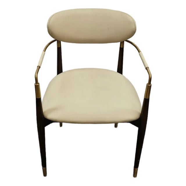Interlude Home Cidra Walnut and Brass Armchair - Cream Vegan Leather - Mid-Century Modern Style For Sale