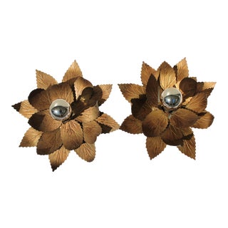 1960's Willy Daro Gilt Metal Floral Sconces - A Pair For Sale