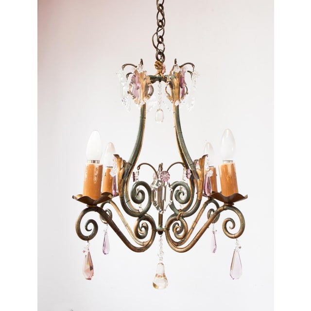 Antique French Chandelier in Iron, Green and Gold Crystals, 1900 For Sale - Image 4 of 10