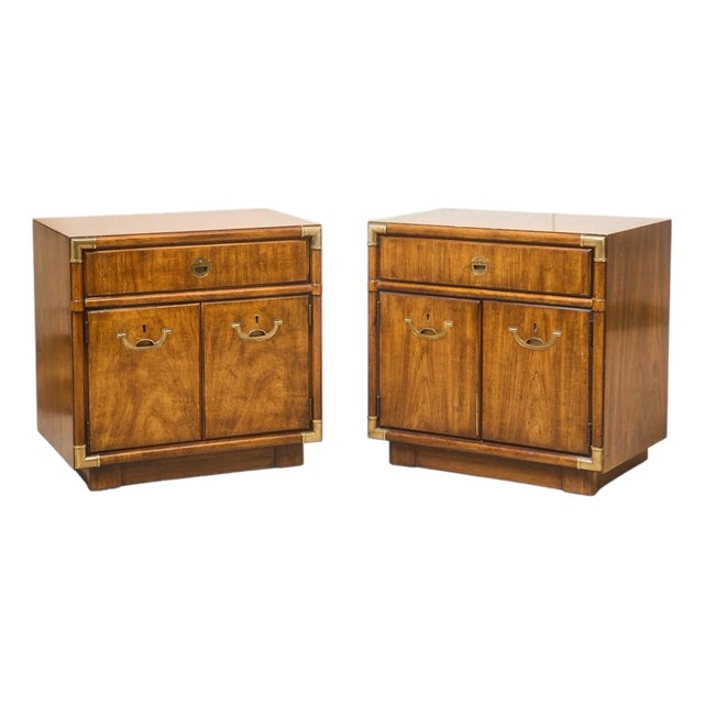 Mid 20th Century Pair of Drexel Campaign Mid Century Nightstands For Sale