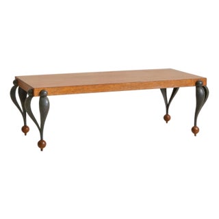 French Oak + Hammered Iron Rectangular Coffee Table, 1950s For Sale