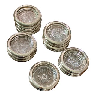 Vintage Silverplate and Glass Coasters- Set of 16 For Sale