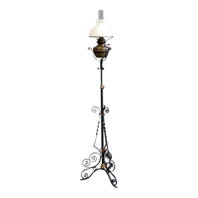 Antique French Lampe Veritas Victorian Brass and Iron Floor Oil Lamp