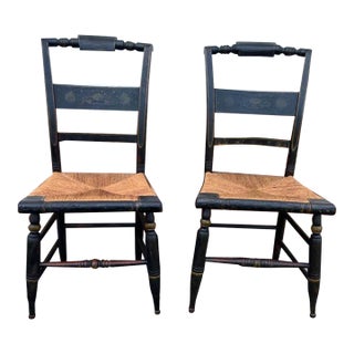 Early 20th Century Pair of Antique Hitchcock Style Stenciled Rush Seat Side Chairs For Sale