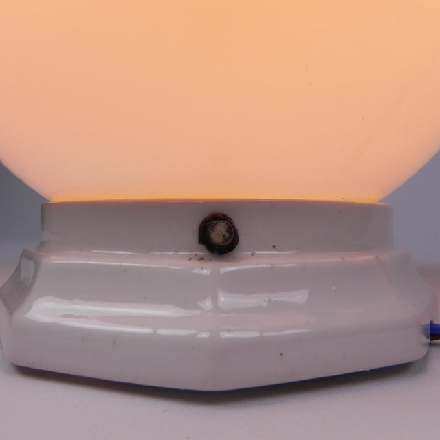 Art Deco Ceiling Lamp with Round Glass Ball and Porcelain Fixture, 1930s For Sale - Image 9 of 15