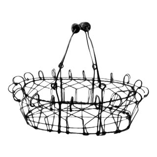 Vintage 1940s French Wire Basket with Wood Handles For Sale