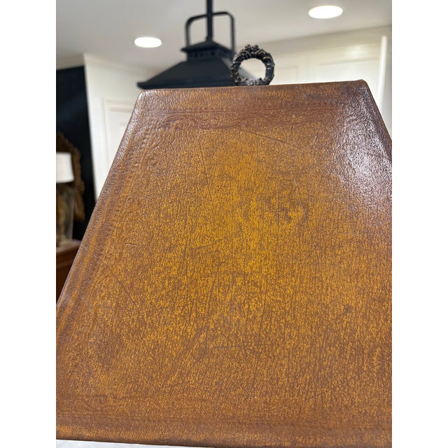 Vintage, Labeled Theodore Alexander Barley Twist Table Lamp With Leather‑Look Shade That Has a “Faux Tortoise Shell” Liner – Great Patina - 37.5” High For Sale - Image 11 of 11