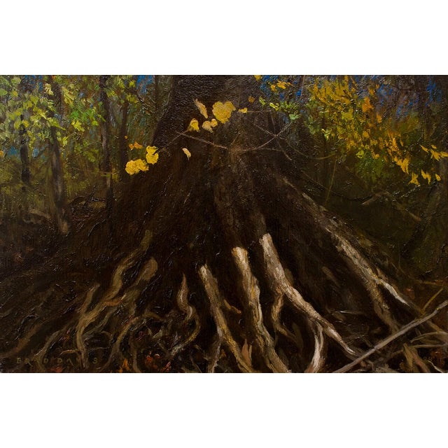 Ohio River Spider by Brad Davis | Oil on wood panel Depiction of tree roots and foliage. For Sale