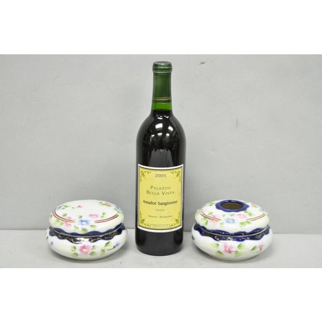 Vintage Japanese Victorian Hand Painted Porcelain Cobalt Blue Hair Receiver & Vanity Powder Jar - 2 Pc Set. Circa Early...