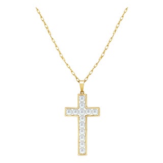 Pearl Cross Pendant 14k Yellow Gold 16" For Sale