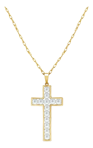 Pearl Cross Pendant 14k Yellow Gold 16"