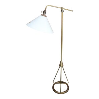 Mid-Century Tubular Brass Floor Lamp With French Milk Glass Shade For Sale