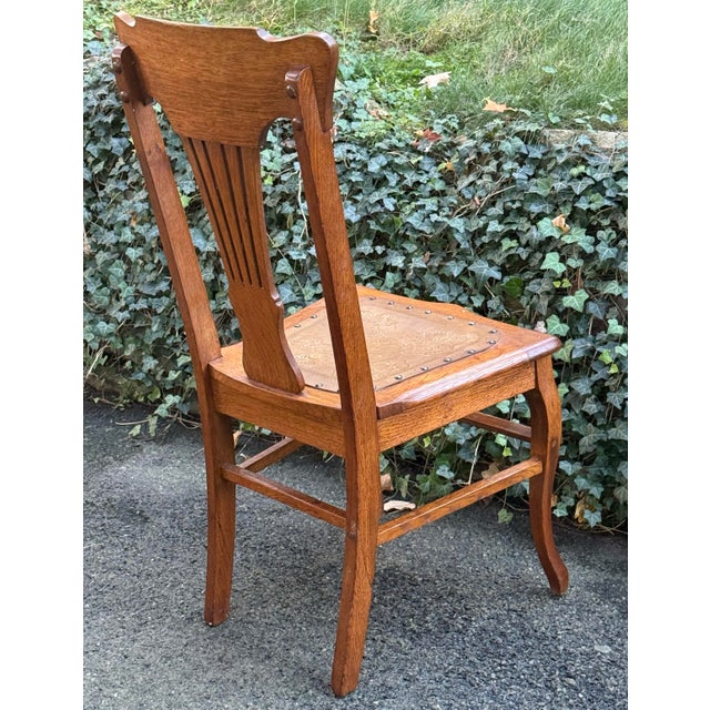 Antique Quarter-Sawn Oak Dining Chairs With Embossed Leather Seats - Set of 4 For Sale - Image 9 of 12