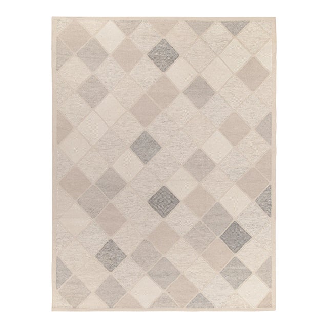 Rug & Kilim's Scandinavian Style Custom Kilim Rug in Greige and White Diamond Pattern - 6'x9' For Sale