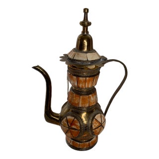 Vintage Moroccan Brass Dallah Ewer | Camel Bone Inlay | Circa 1960s-70s | 15" Tall | Moorish Bohemian Decor For Sale