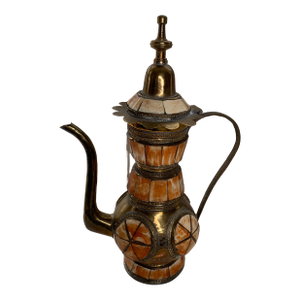 Vintage Moroccan Brass Dallah Ewer | Camel Bone Inlay | Circa 1960s-70s | 15" Tall | Moorish Bohemian Decor