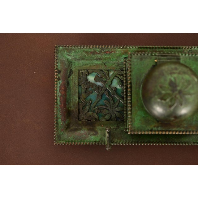Early 20th Century Apollo Studios New York Arts & Crafts Grapevine Pattern Bronze and Slag Glass Inkwell With Pen Holder For Sale - Image 5 of 14
