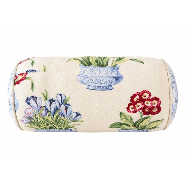 Vintage Chinoiserie Botanical Bolster Throw Pillow With Blue & White Porcelain Planter Print For Sale - Image 4 of 5