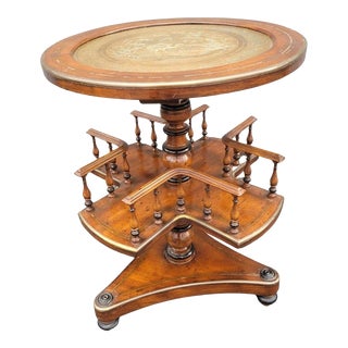 1920s Edwardian Walnut Revolving Bookcase Table With Carved Brass Inset Top For Sale