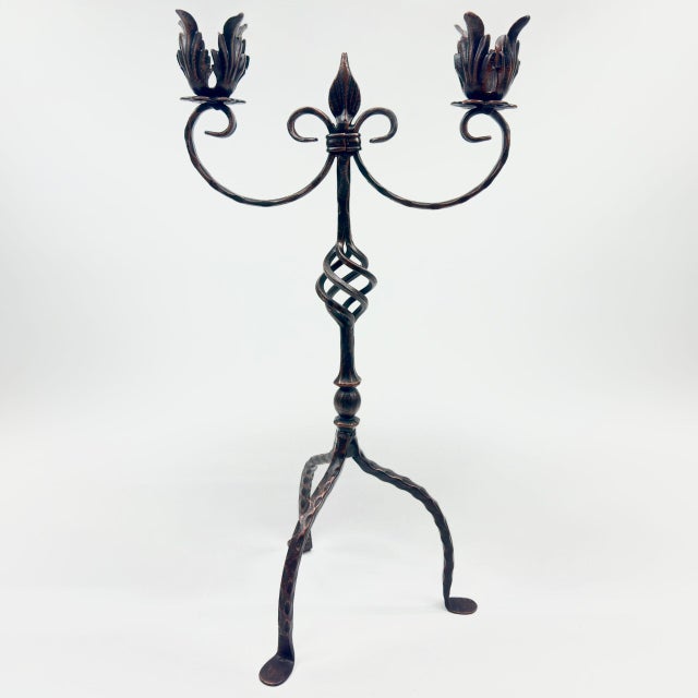 2020s Hand Forged Iron Candelabra 25″ (63cm) Antique Copper Finish 2-Arm Royal Fleur-de-Lis Mantel Centerpiece For Sale - Image 5 of 6