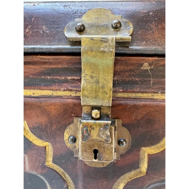 Rustic European Antique Faux Bois Steel Steamer Trunk Chest Painted Wood Grain Blue Interior 23” For Sale - Image 3 of 16