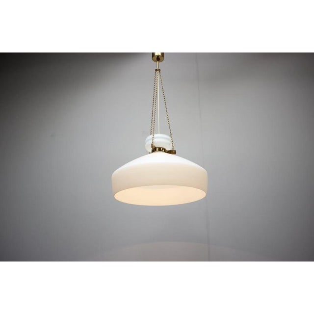 Metal Mid-Century Modern Pendant Lamp in Opaline Milk Glass and Bra, 1970s For Sale - Image 7 of 10